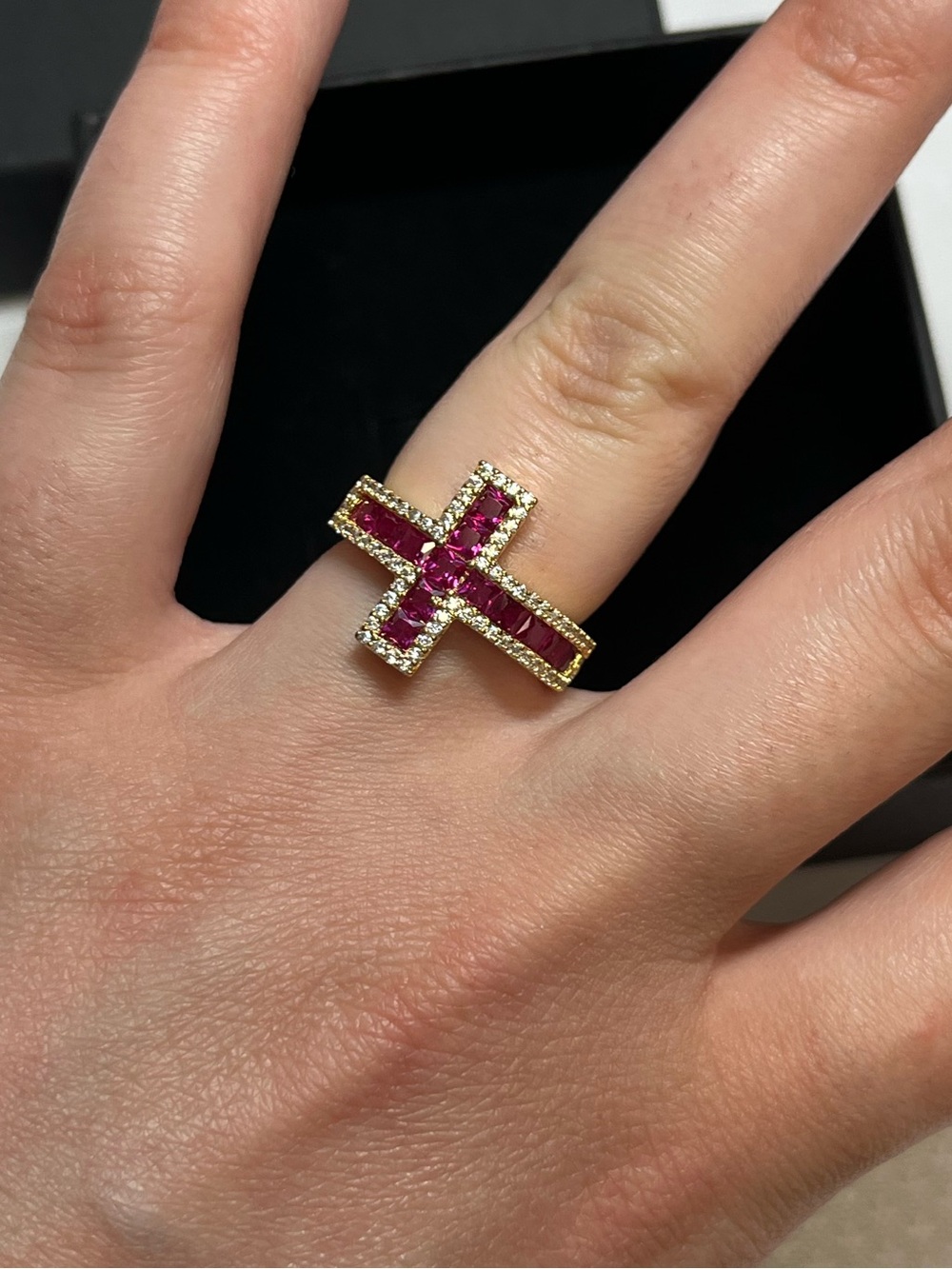 New Rachel Zoe gold plated cross ring with dark pink stones. Size 6.5